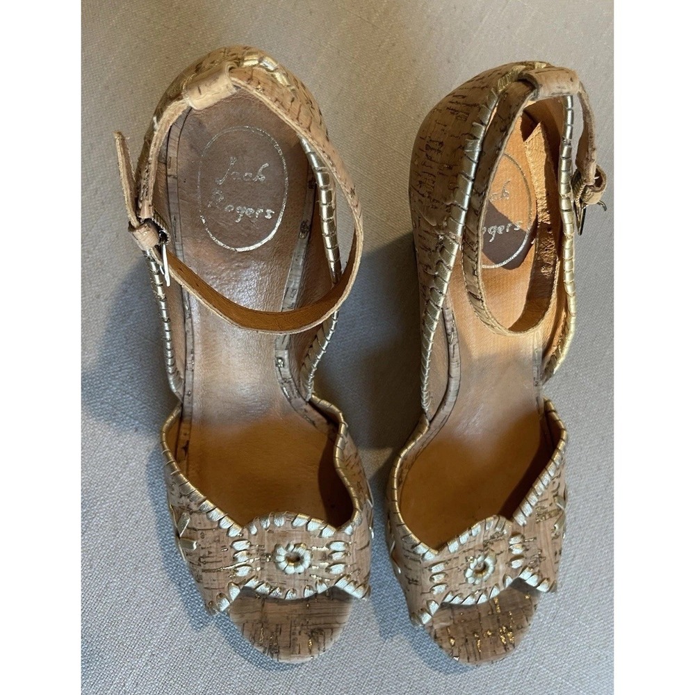 Jack Rogers Shoes Womens 9 Cork / Gold Lacing‎ Leather Sandals Wedge Heels